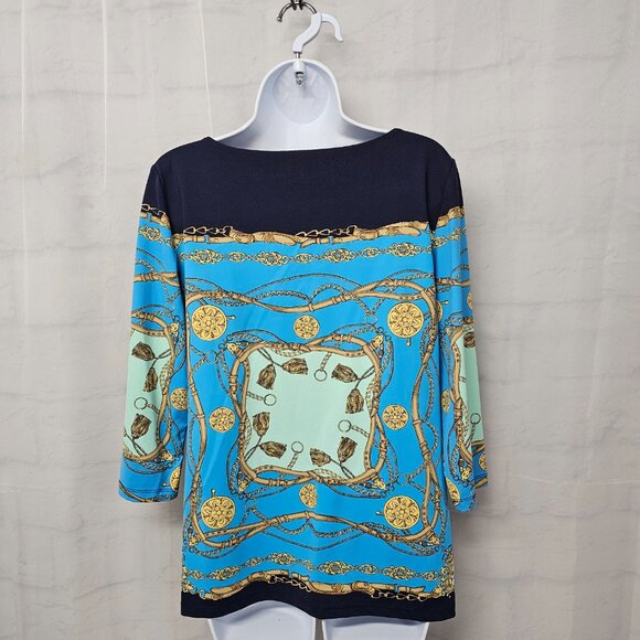 Charter Club Blouse Blue Black Equestrian Preppy Casual M - Picture 8 of 13